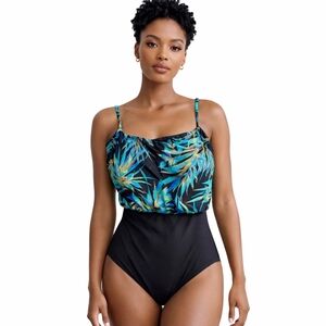 Longitude Plus size Black Palm Print swim‎  suit 16